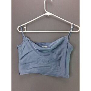 Zara Cami Top Cowl Neck Satin Crop XS Blue Adjustable Straps Side Zip Sleeveless